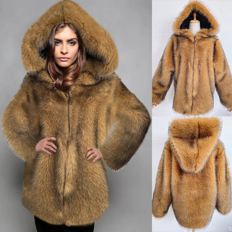 Women's silver grey artificial fur coat with loose fit and mid-length 65cm cut