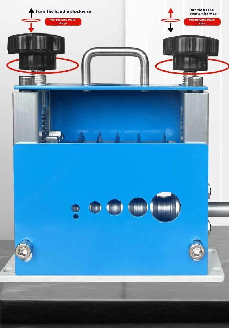 SD-017 manual wire stripping machine tool on a workbench.