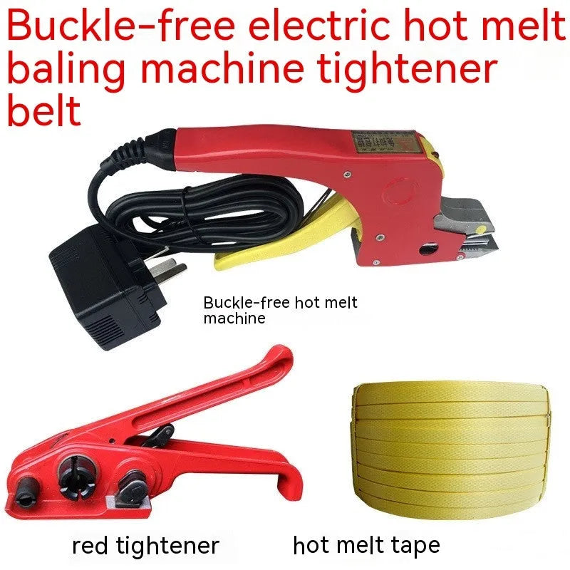 Electric hot melt packing machine kit with plastic steel tensioner and yellow packaging tape