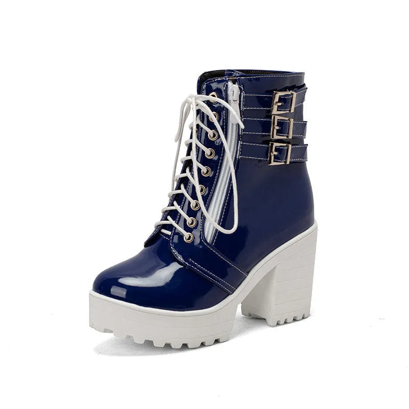 Women's black thick heel short boots with lace-up front and round toe