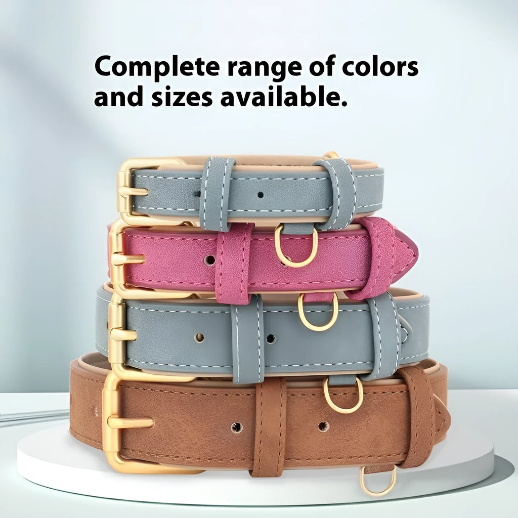 A double-layer mohair leather dog collar and matching lead in rose red, shown alongside brown and blue colour options.