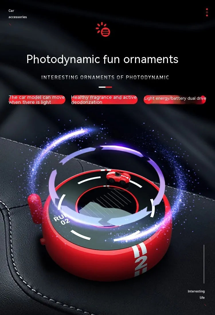 Round car shaped solar aromatherapy decoration for vehicle interiors in black, red or white colours