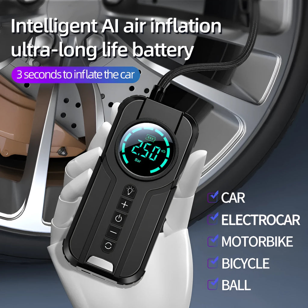 Portable wireless car tyre air pump with battery, 12V cable, four nozzle adapters, and carry bag on a grey background