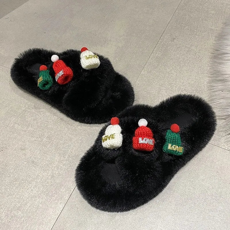Women's Christmas hat-themed slippers in faux plush, shown in black, khaki and white colour options.