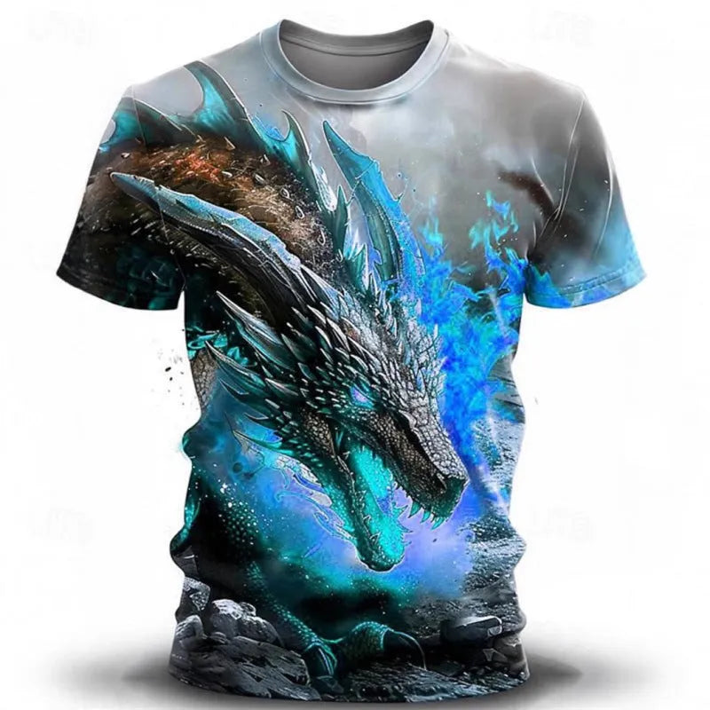 Men's black T-shirt with 3D silver wind dragon print design on front