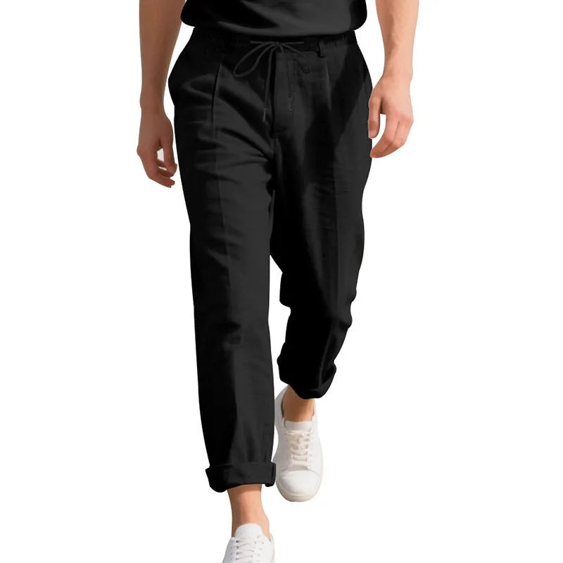 Men's linen straight-leg trousers in army green colour with drawstring waist