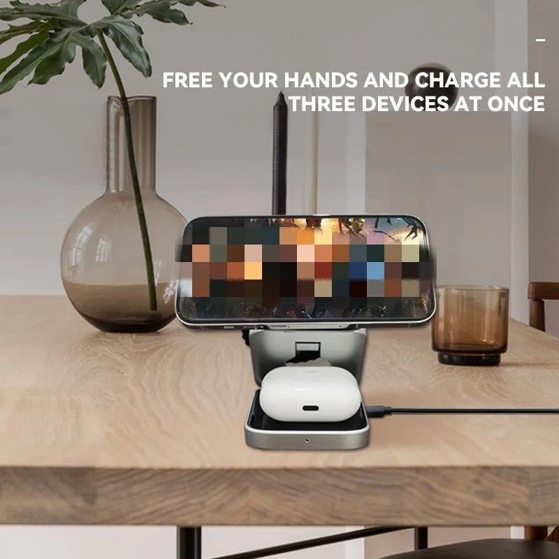 Three-in-one desktop wireless charging bracket for Apple, Samsung and Google Pixel devices with folding design