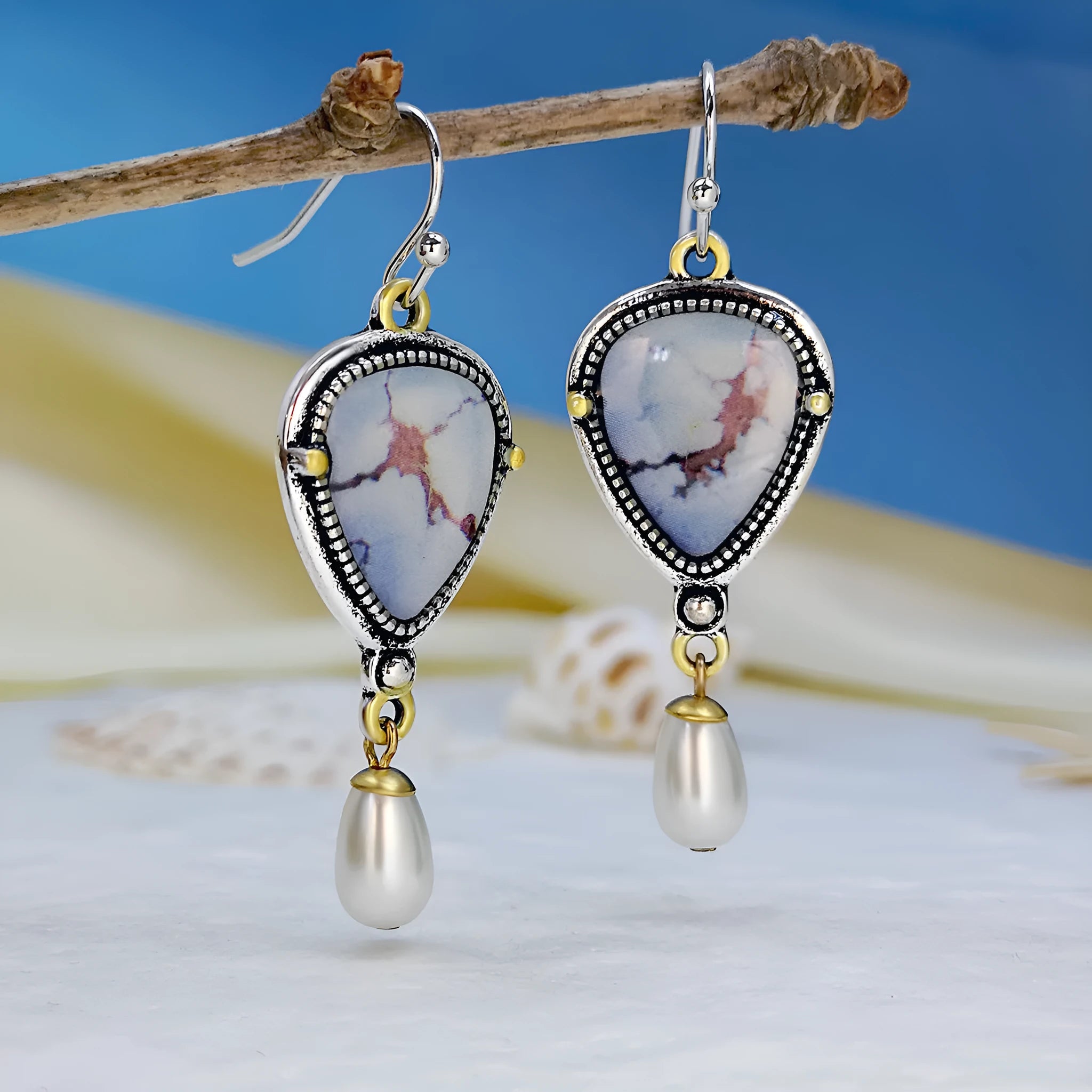 Lavender turquoise blue and white pearl drop earrings with electroplated metal geometric design