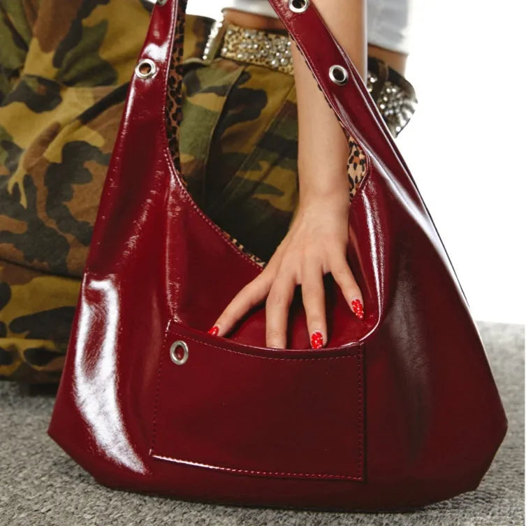 Red leopard print two-sided shoulder bag with dumpling shape and underarm design