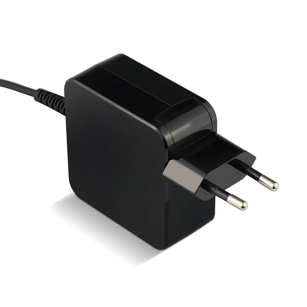 Black 45W laptop adapter with DC connector and US EU plugs, dimensions 99.3x36.5x61.8mm