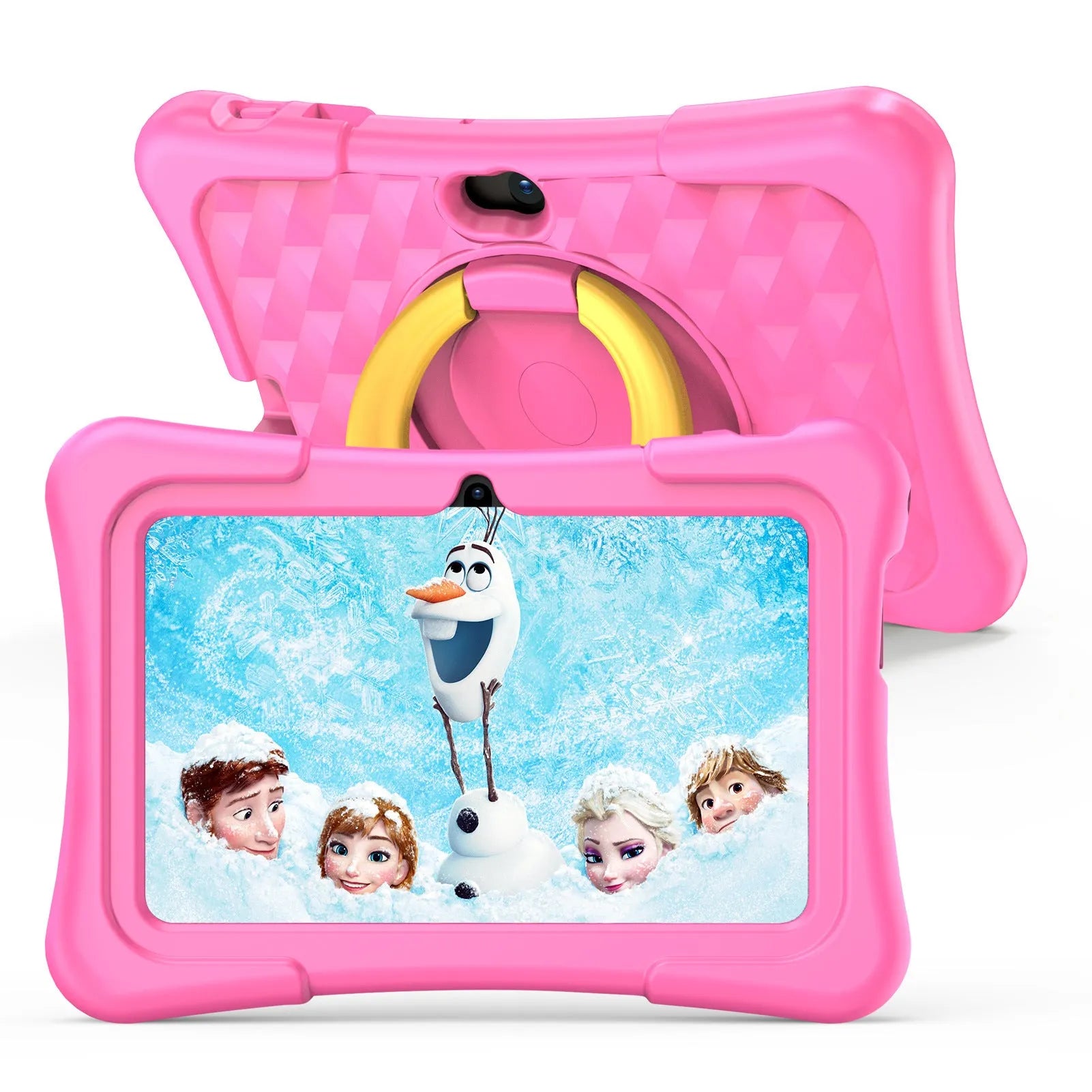 Blue children's education tablet with attached silicone protective cover and a blue rotating handle bracket.