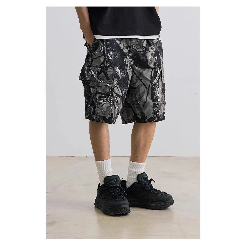 Men's loose casual straight-leg denim shorts in black and army green colours