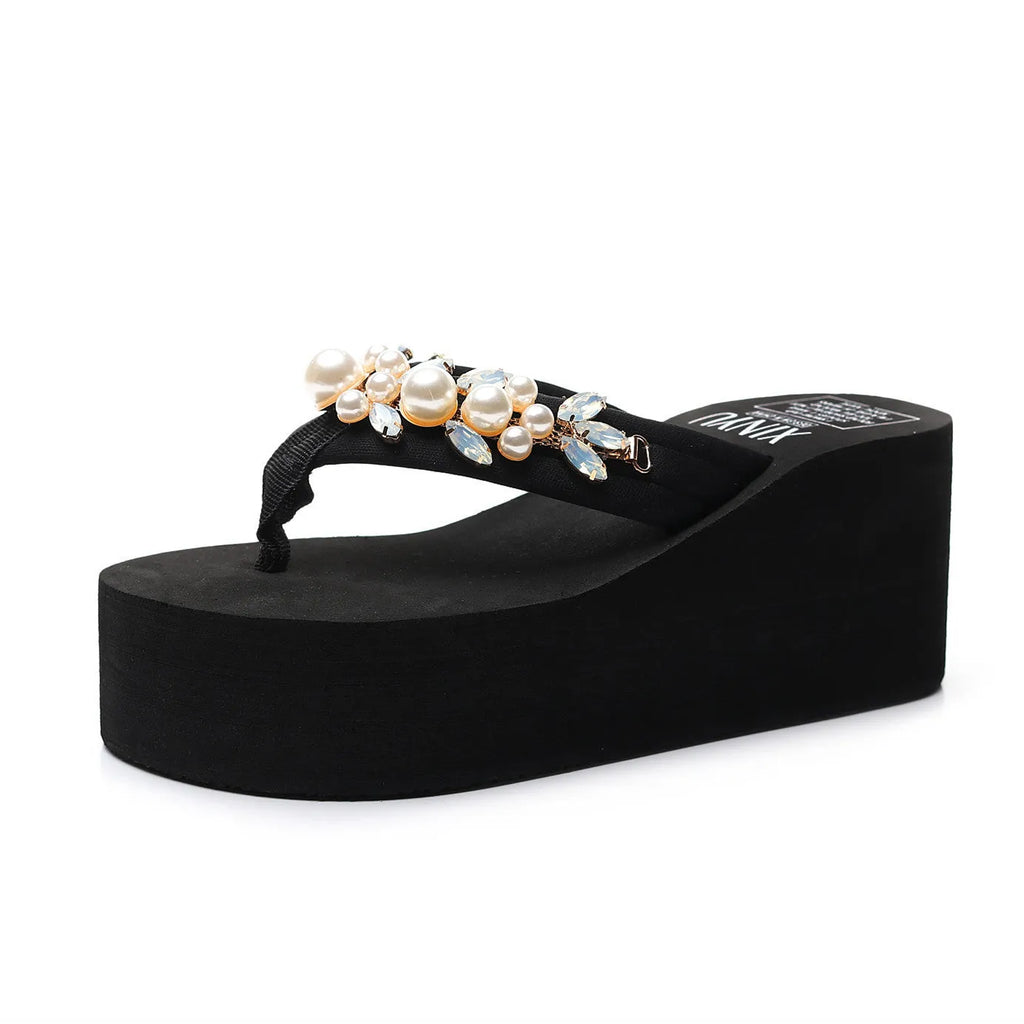 Women's high-heeled flip-flop sandals with a cotton cloth upper, shown in beige and black colour options.