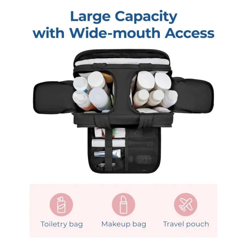 Large polyester travel toiletry bag with wide opening showing interior organisation space