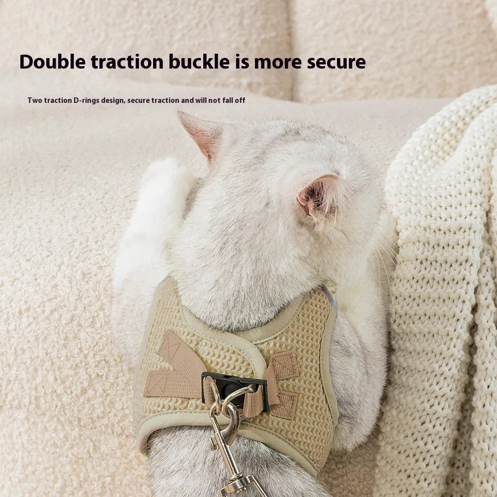 Waffle cloth pet harness with hand holding rope chest strap in brown, green, and purple colours