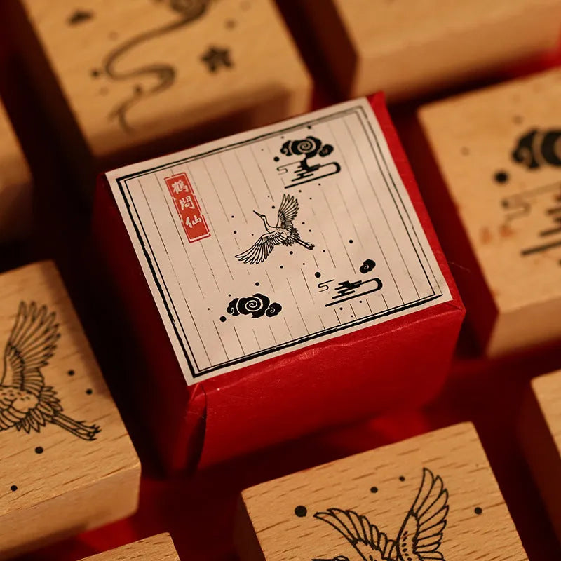 Mr. Paper wooden seal set with traditional crane designs in four colour variations for DIY printing projects