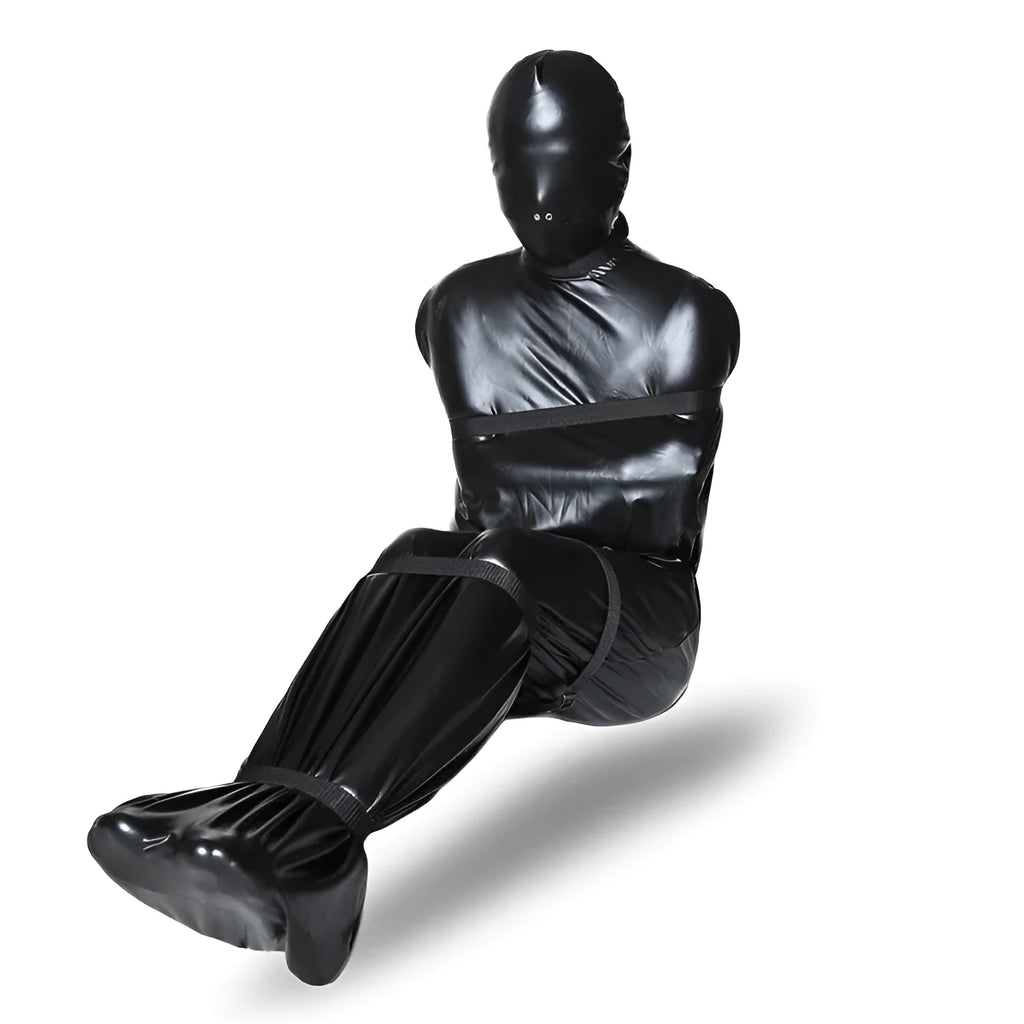 Black patent leather bondage outfit with six ratchet tie down straps