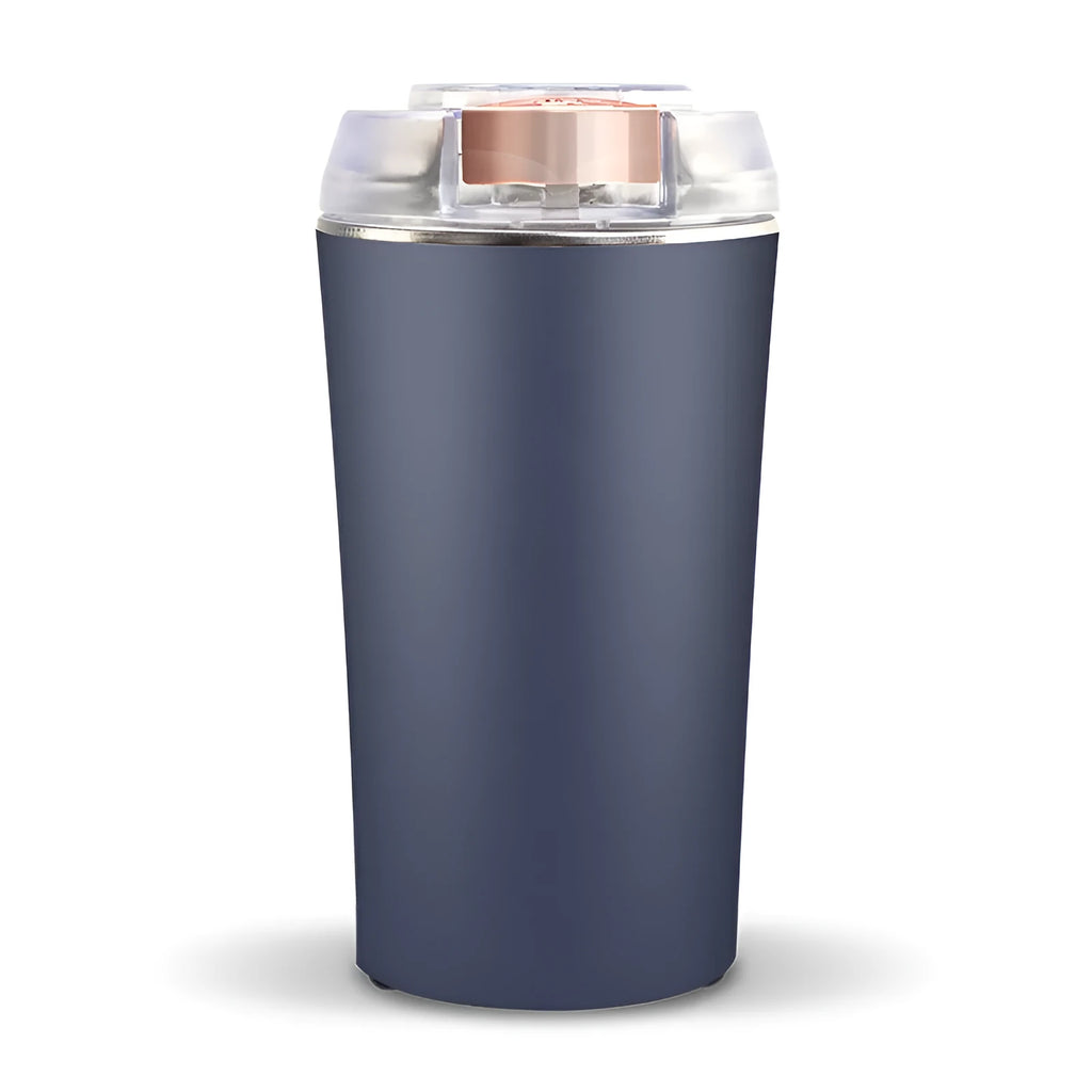Blue mini flour mill grinder with stainless steel mechanism for grinding spices and grains.