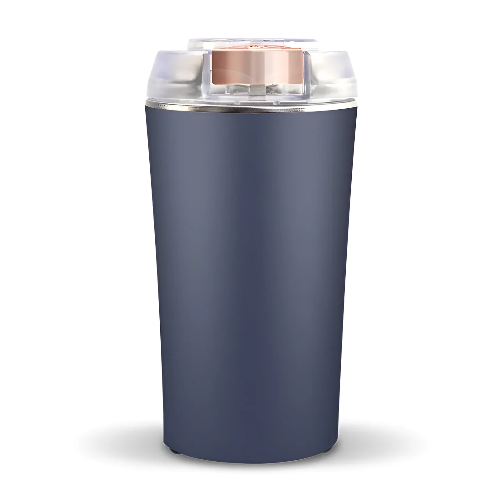Blue mini flour mill grinder with stainless steel mechanism for grinding spices and grains.