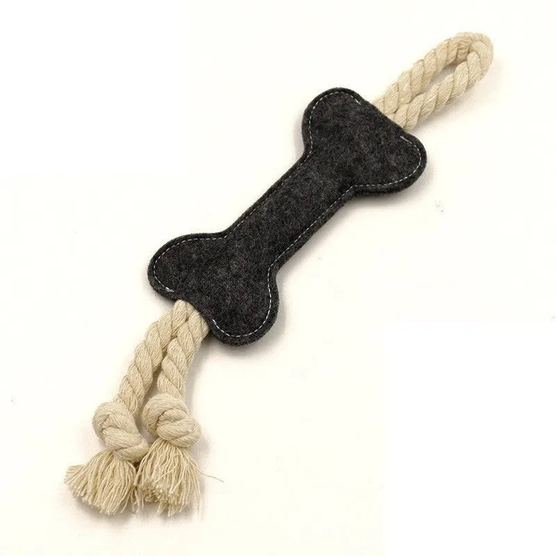 Bone-shaped dog chew toy with rope knot and felt construction in four colour options