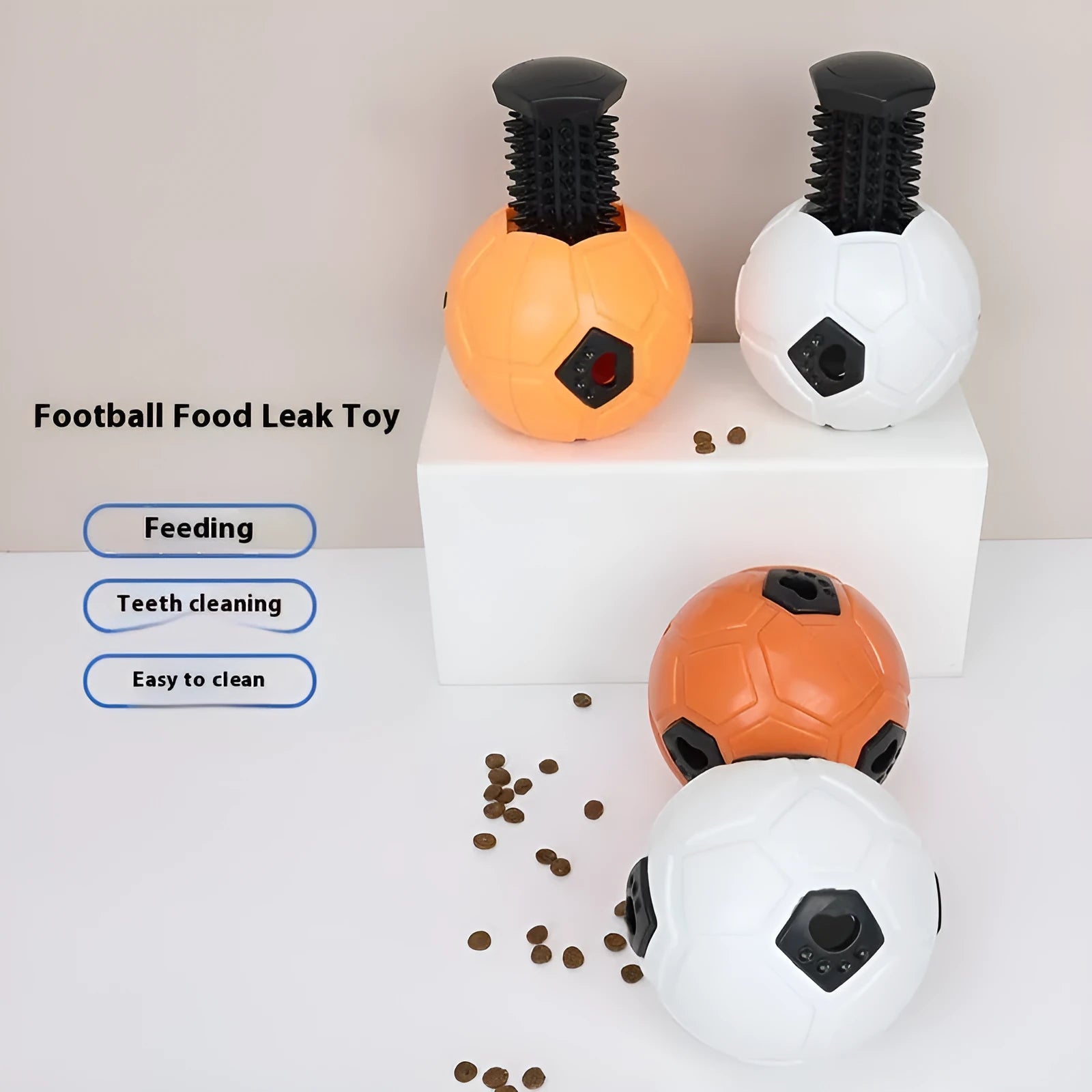 Orange and white TPR dog toy ball for chewing and teeth cleaning, shown in hollow and dental stick styles.