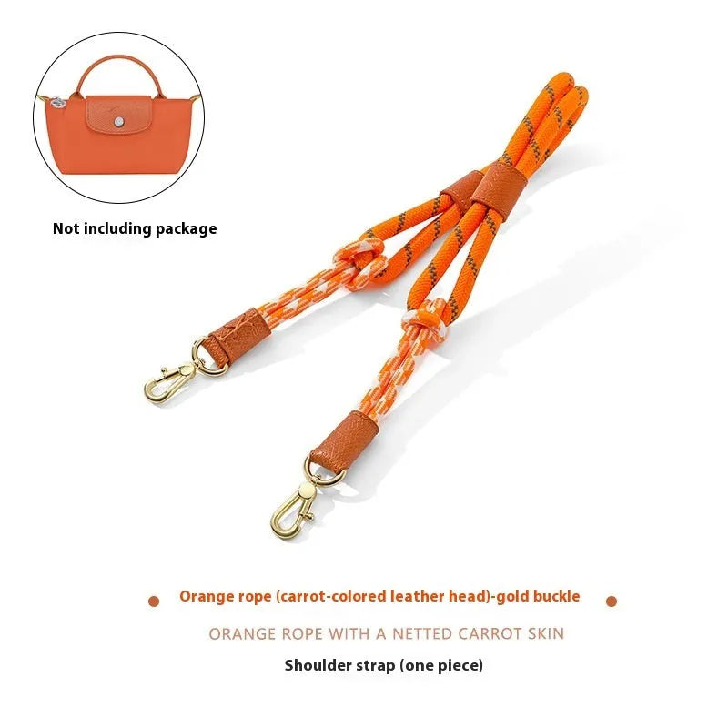 Braided rope shoulder strap in nylon and cowhide with alloy buckle in gold or silver finish
