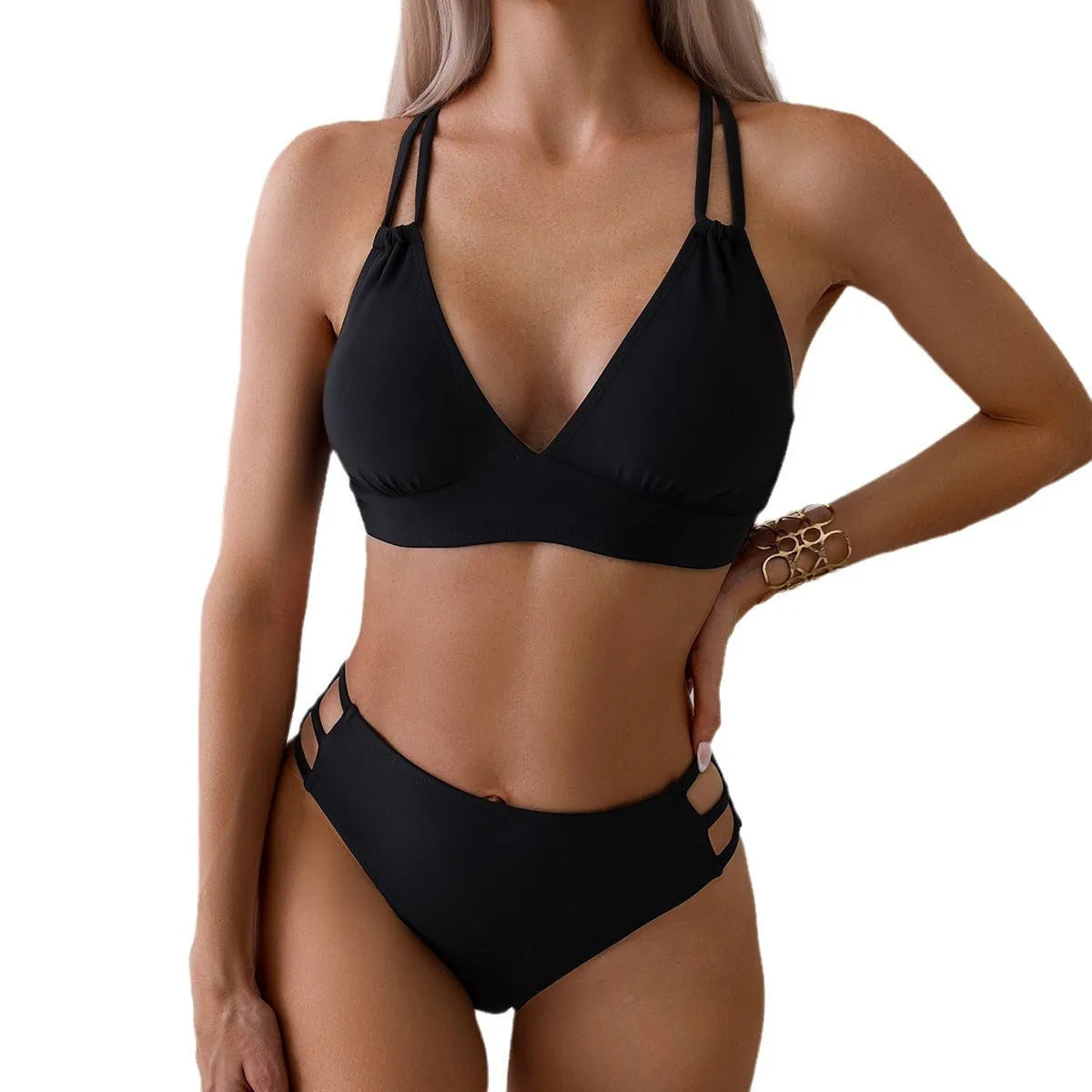 Women's V-neck halter bikini swimsuit in black with adjustable straps