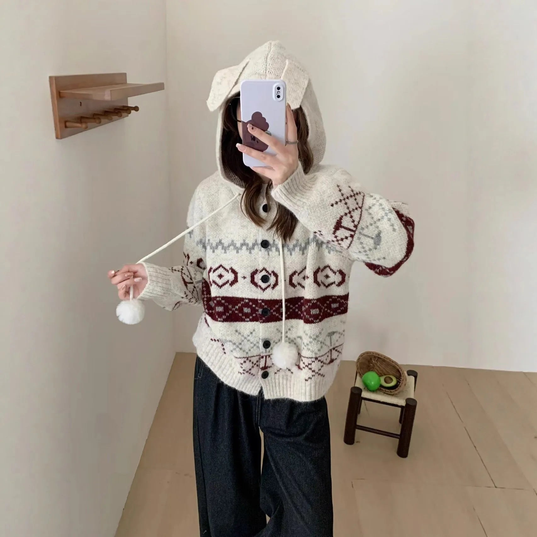 Plus size women's loose fit coat sweater with geometric brocade pattern in beige or grey