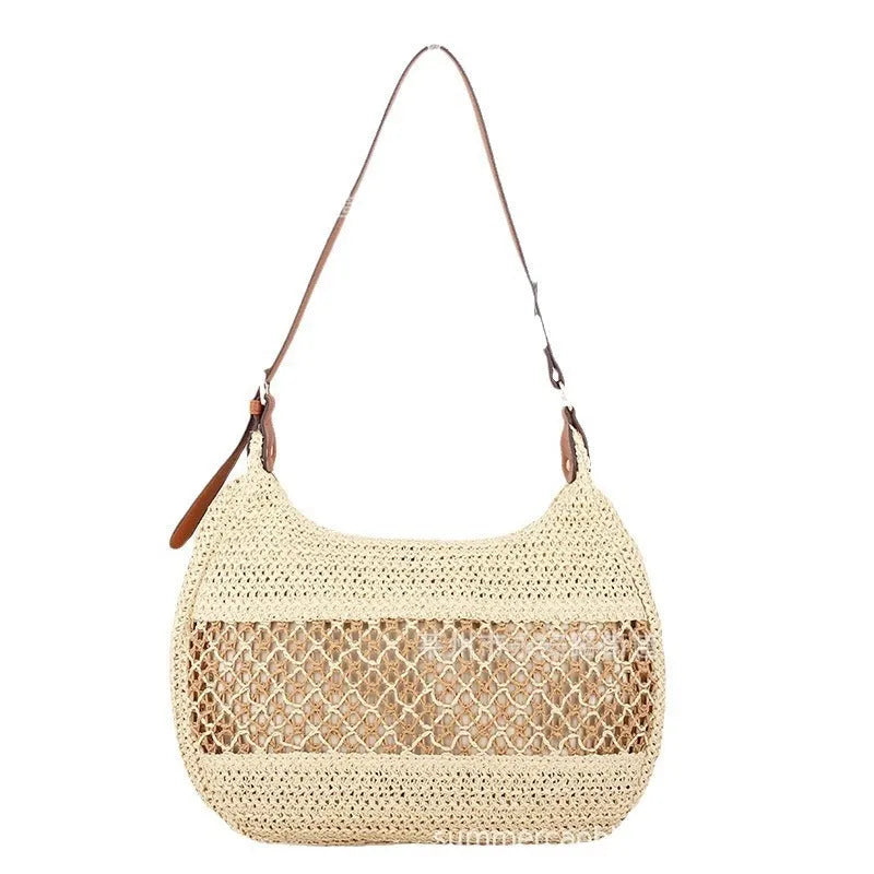 Women's casual straw cross body bag with sandwich pocket in khaki colour