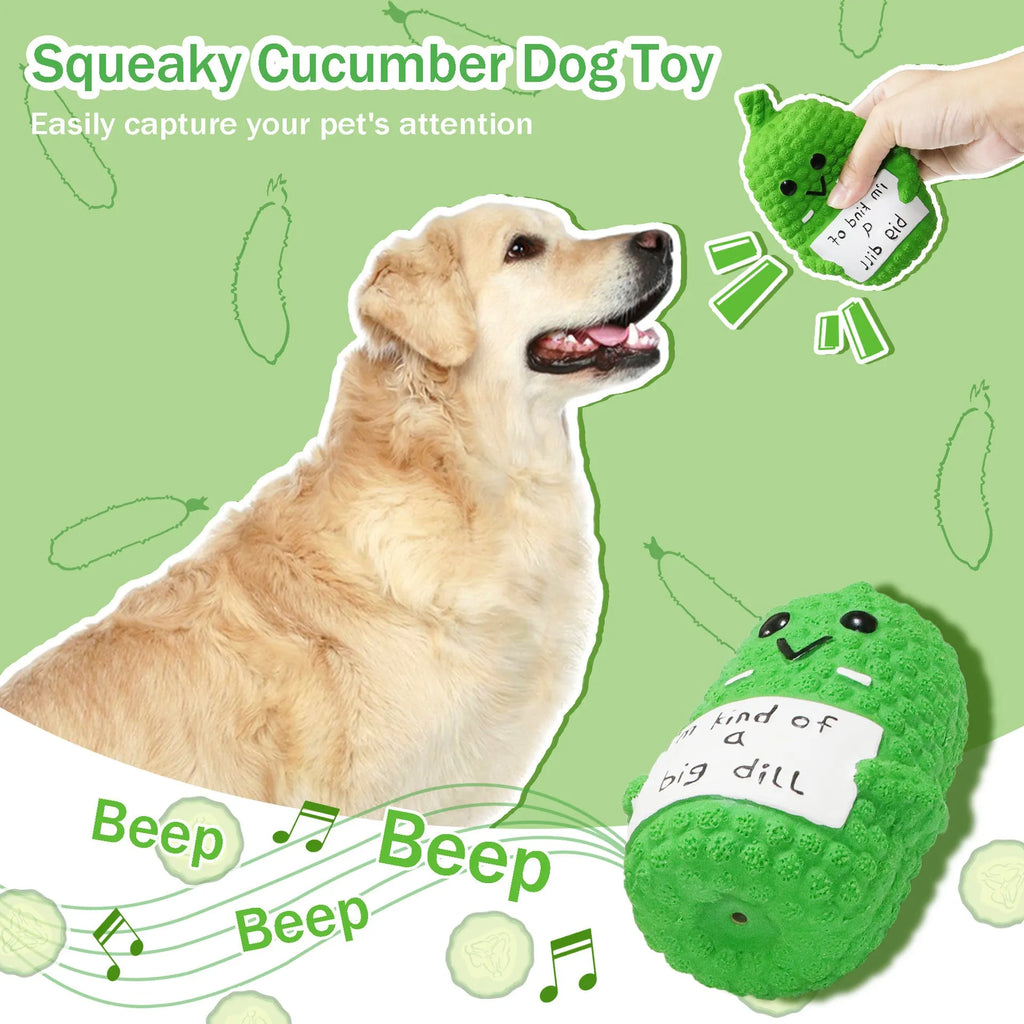 Green pickle-shaped dog chew toy with textured surface and squeaker for teething puppies