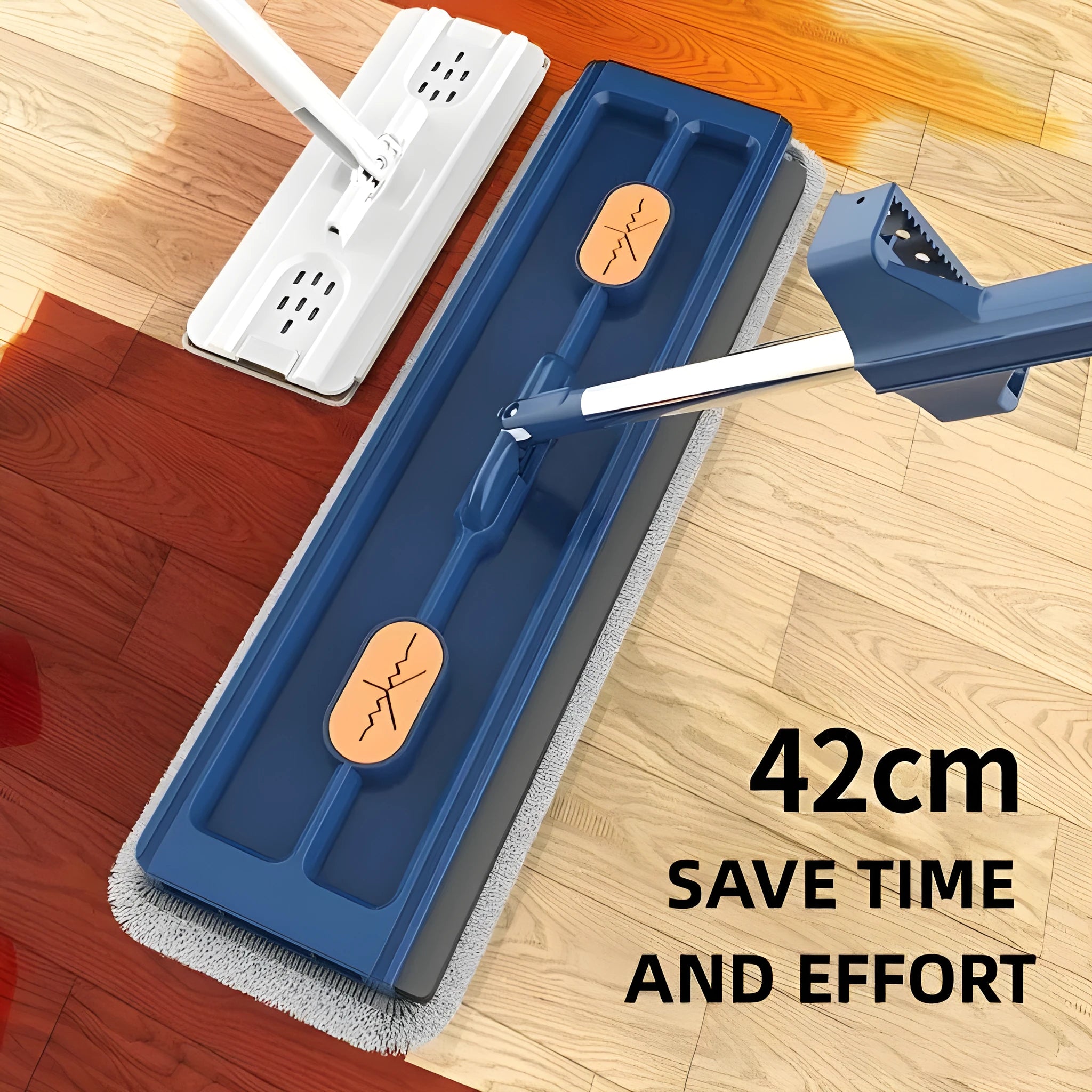 Large blue and white flat mop with a long stainless steel handle and a 360-degree rotating head on a hard floor.