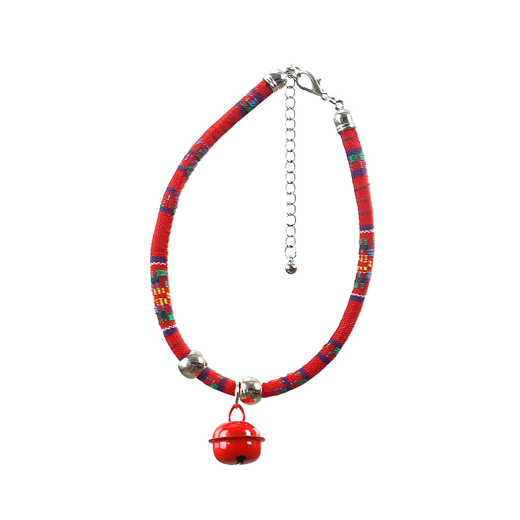 Adjustable ethnic pattern pet collar with a bell, shown in various colours for cats and small dogs.