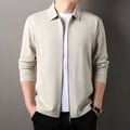Men's apricot-coloured polyester business jacket with long sleeves and a straight hem on a hanger.