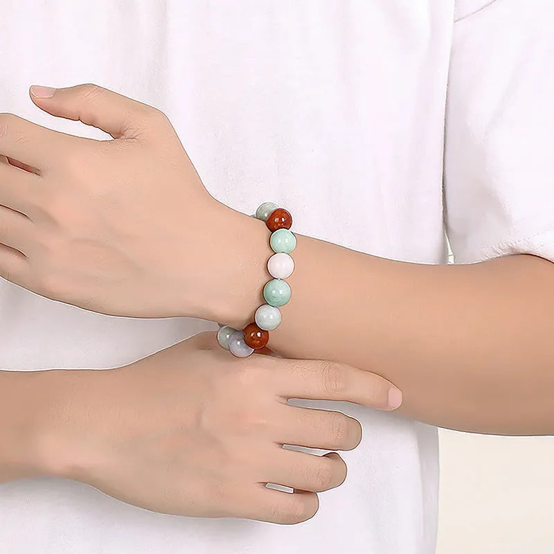 Women's natural Myanmar jade three-colour bracelet with 13mm round beads and certificate