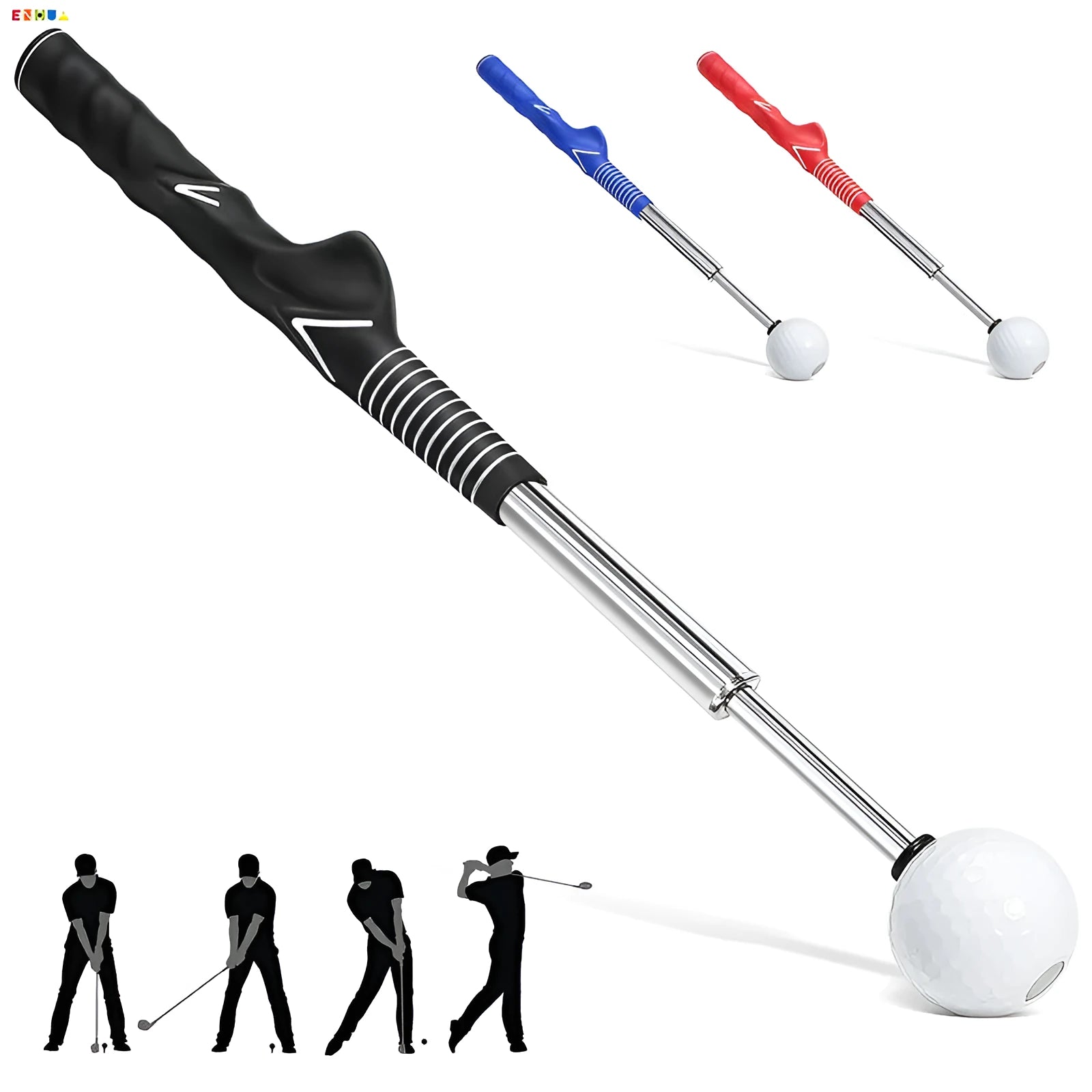 Telescopic stainless steel golf swing trainer in black, blue and red colour options