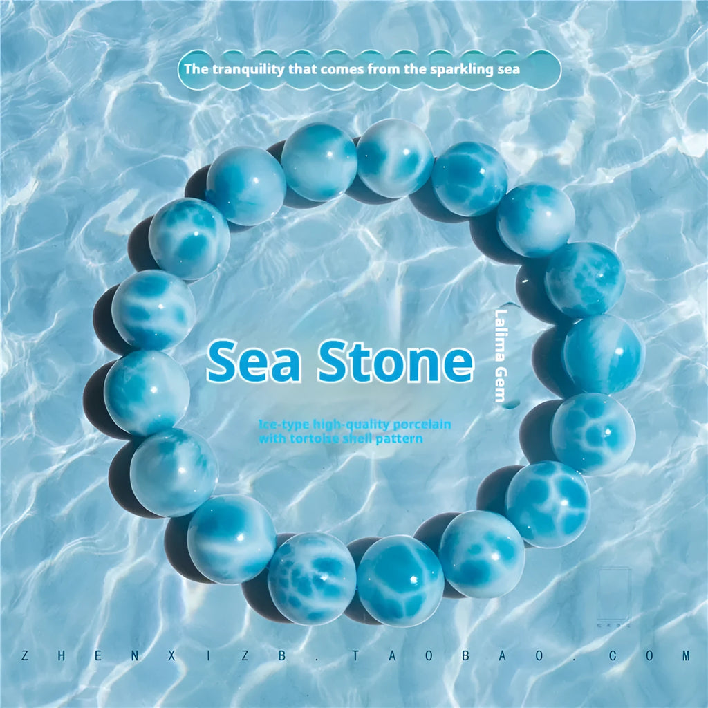 A blue sea-pattern stone and pearl bodhi bracelet in Maillard style, shown in various sizes from 6mm to 14mm.