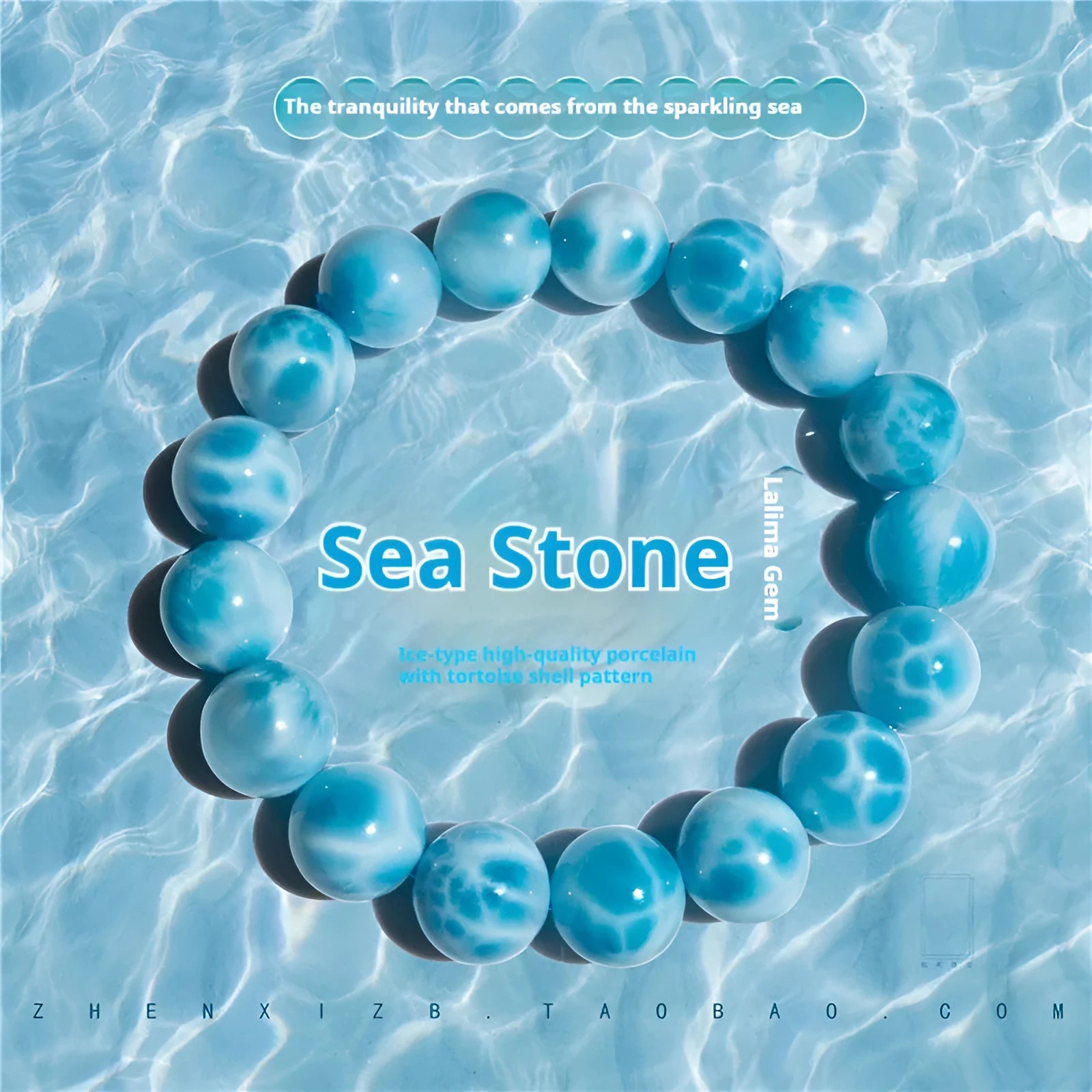 A blue sea-pattern stone and pearl bodhi bracelet in Maillard style, shown in various sizes from 6mm to 14mm.