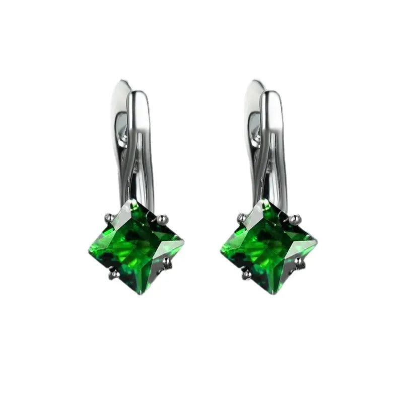 Women's copper earrings with diamond design featuring inlaid zircon in blue, green, and colour options