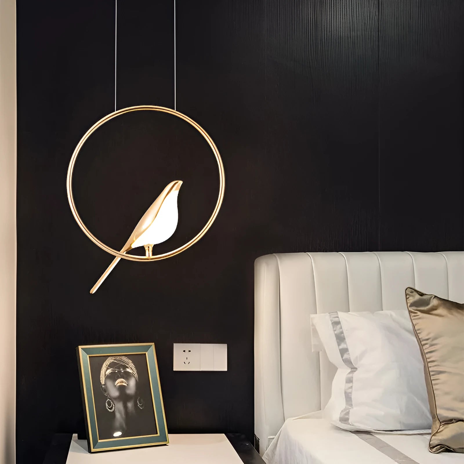Modern minimalist magpie bird chandelier with zinc alloy framework and acrylic elements