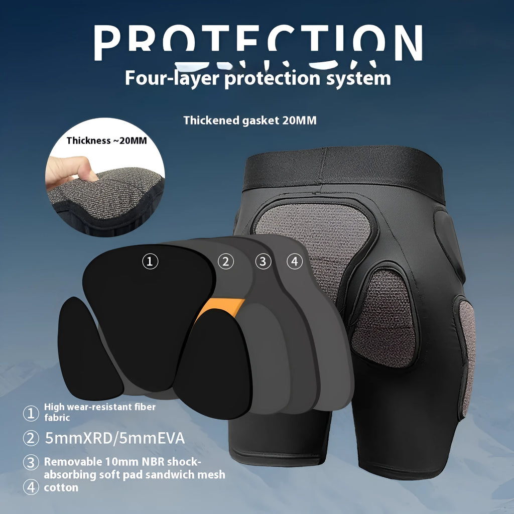 X-ray diffraction ski protective gear set showing slim hip pads and multi-protection knee pads for inner wear.