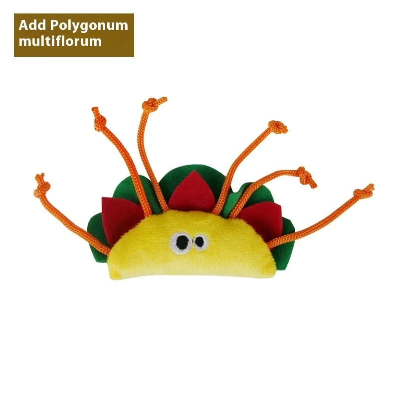 Polygonum multiflorum wooden cat chew toys in burrito, cone, cucumber, mushroom, pineapple, and pizza shapes with catnip plush