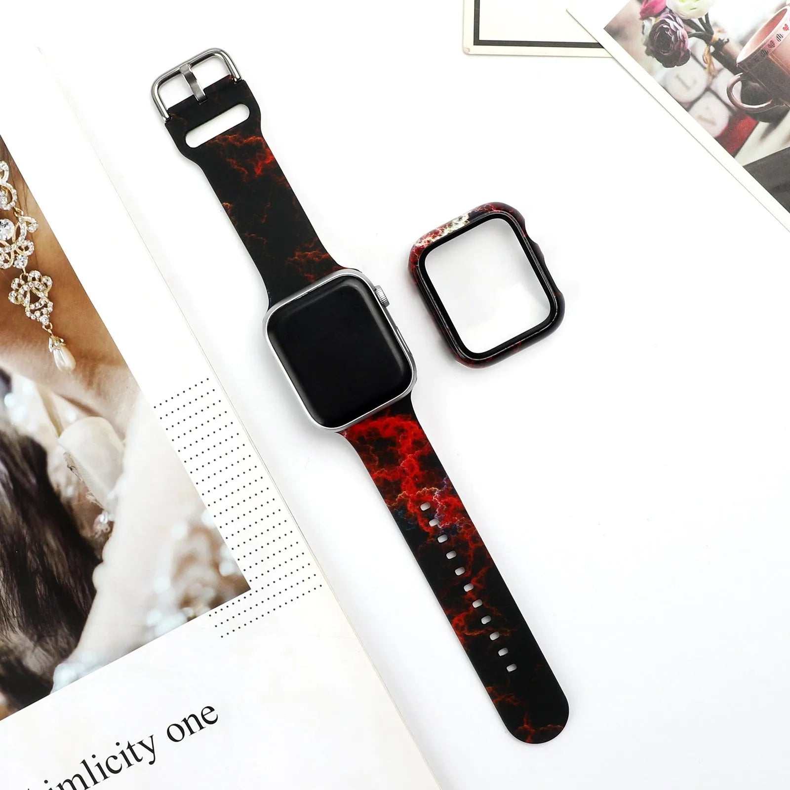 Printed silicone replacement strap for Apple Watch in various styles and sizes