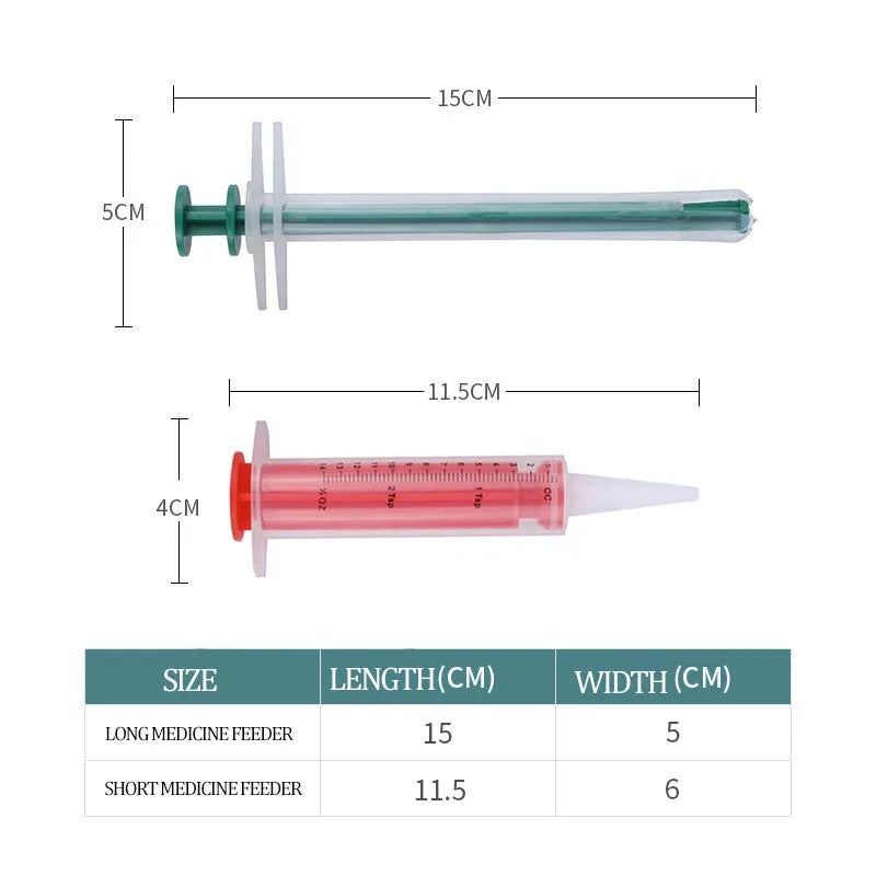 Two pet pill shooters with soft silicone tips, different sizes, for administering medicine to cats and dogs.