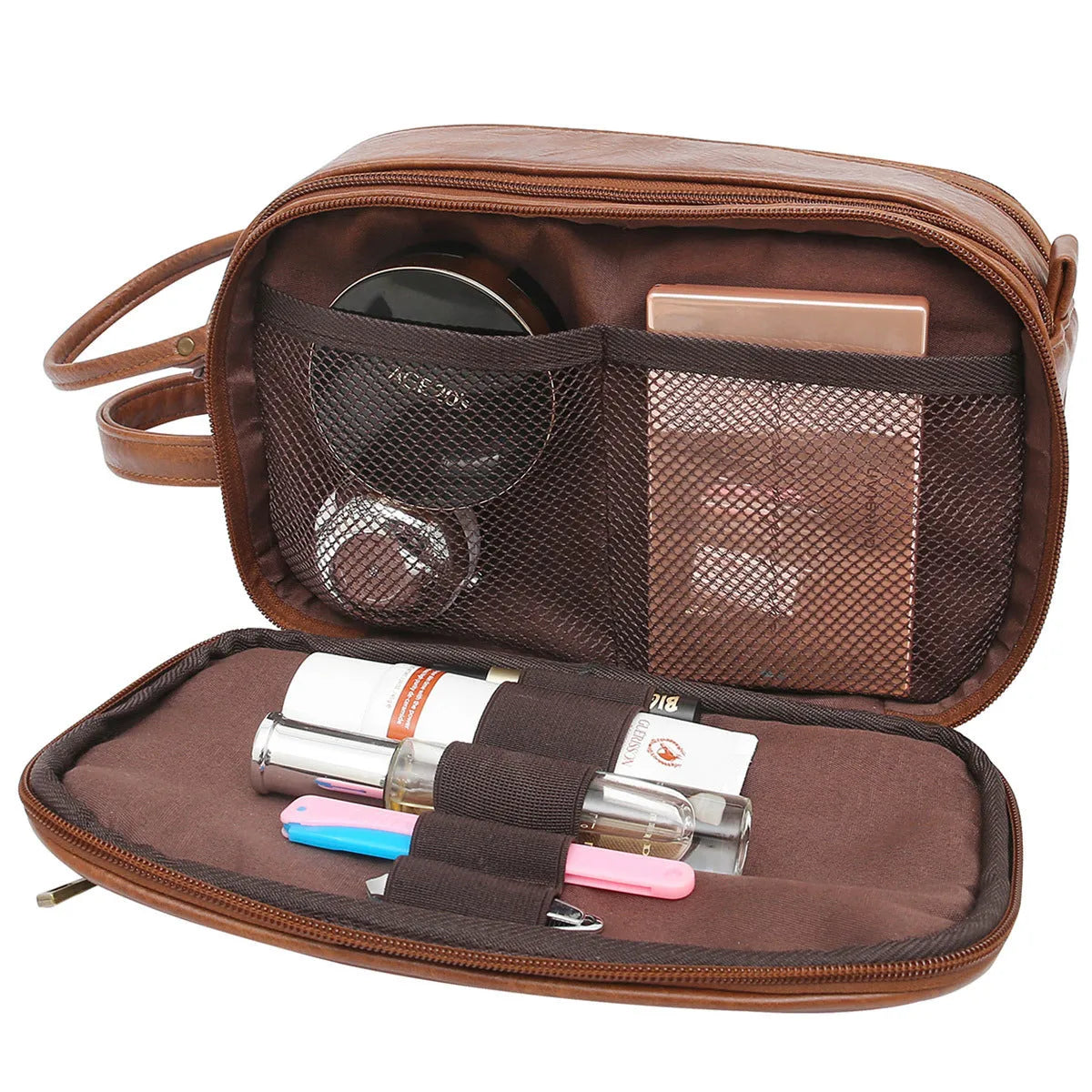 Men's black PU leather toiletry bag with zip, shown closed, dimensions 20cm by 10cm.