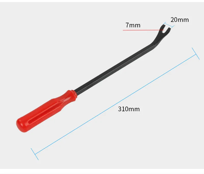 Red handle automotive clip driver tool for General Motors door panel removal with light switch pliers