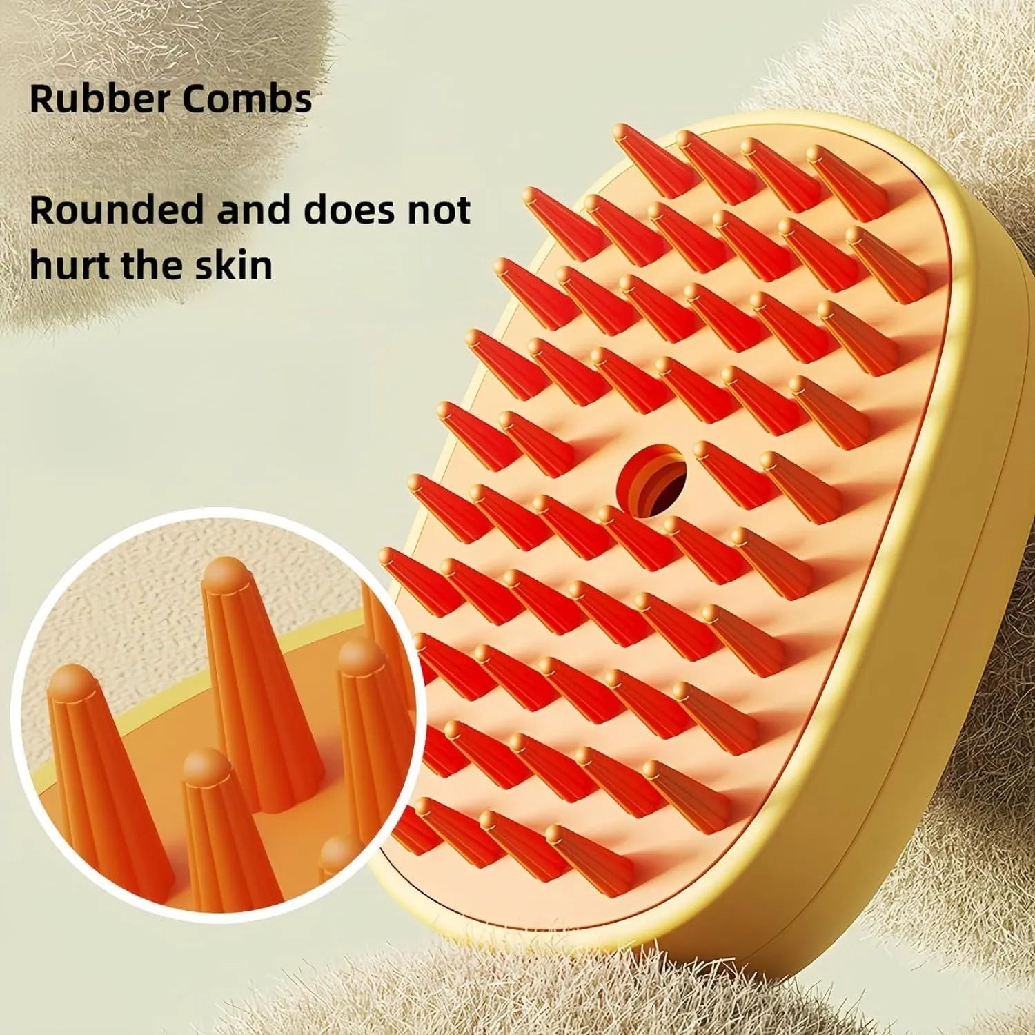 White rechargeable cat and dog steam brush with rubber comb teeth and water tank.