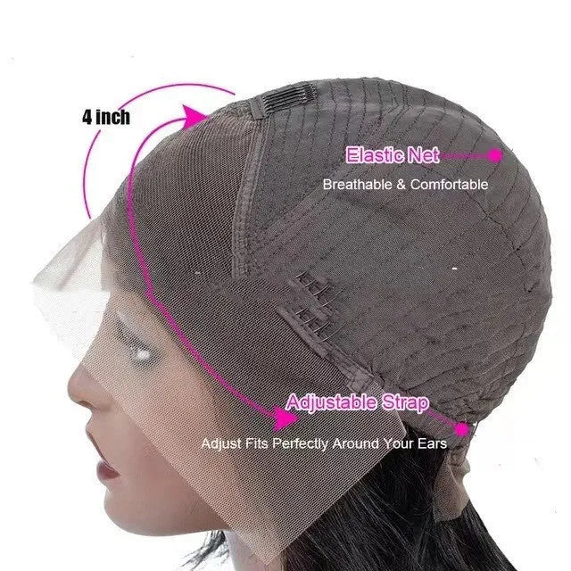 A woman wearing a long, real human hair lace front wig with a 4x4 transparent lace hairline.