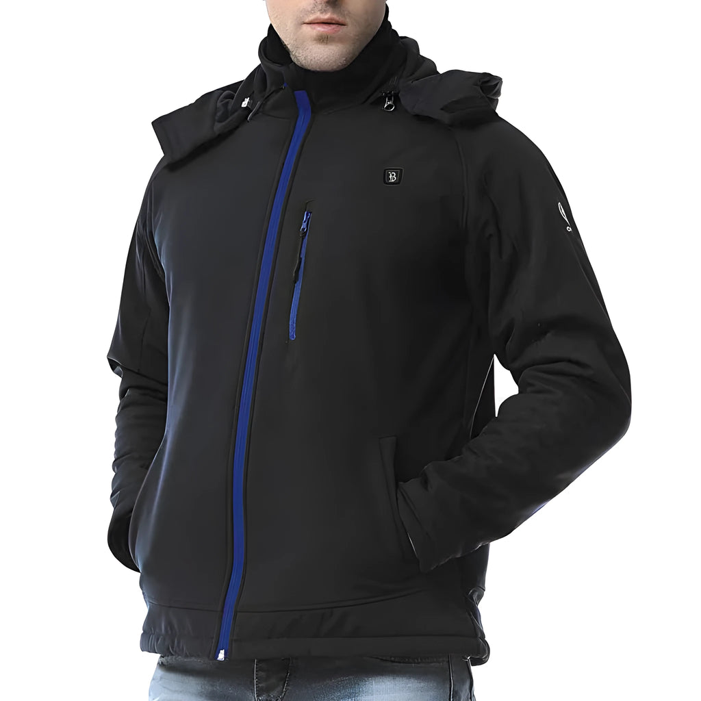 Men's black waterproof windproof thermal winter coat with long sleeves and zipper pockets