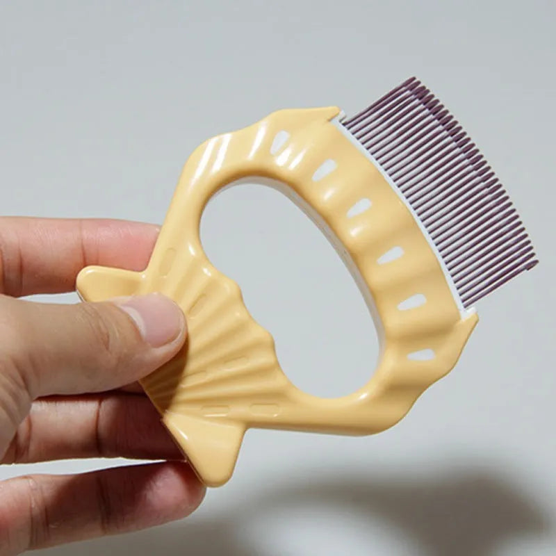 Shell-shaped plastic pet grooming brush with bent wire bristles and anti-slip handle