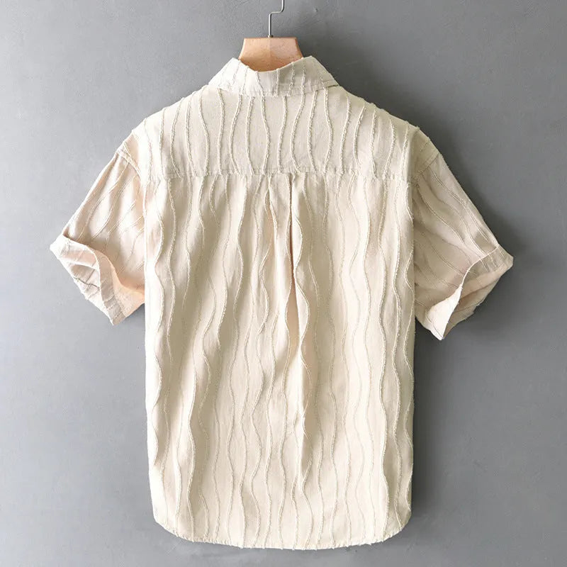 Men's pure cotton short sleeve casual shirt in apricot colour with loose fit Japanese style